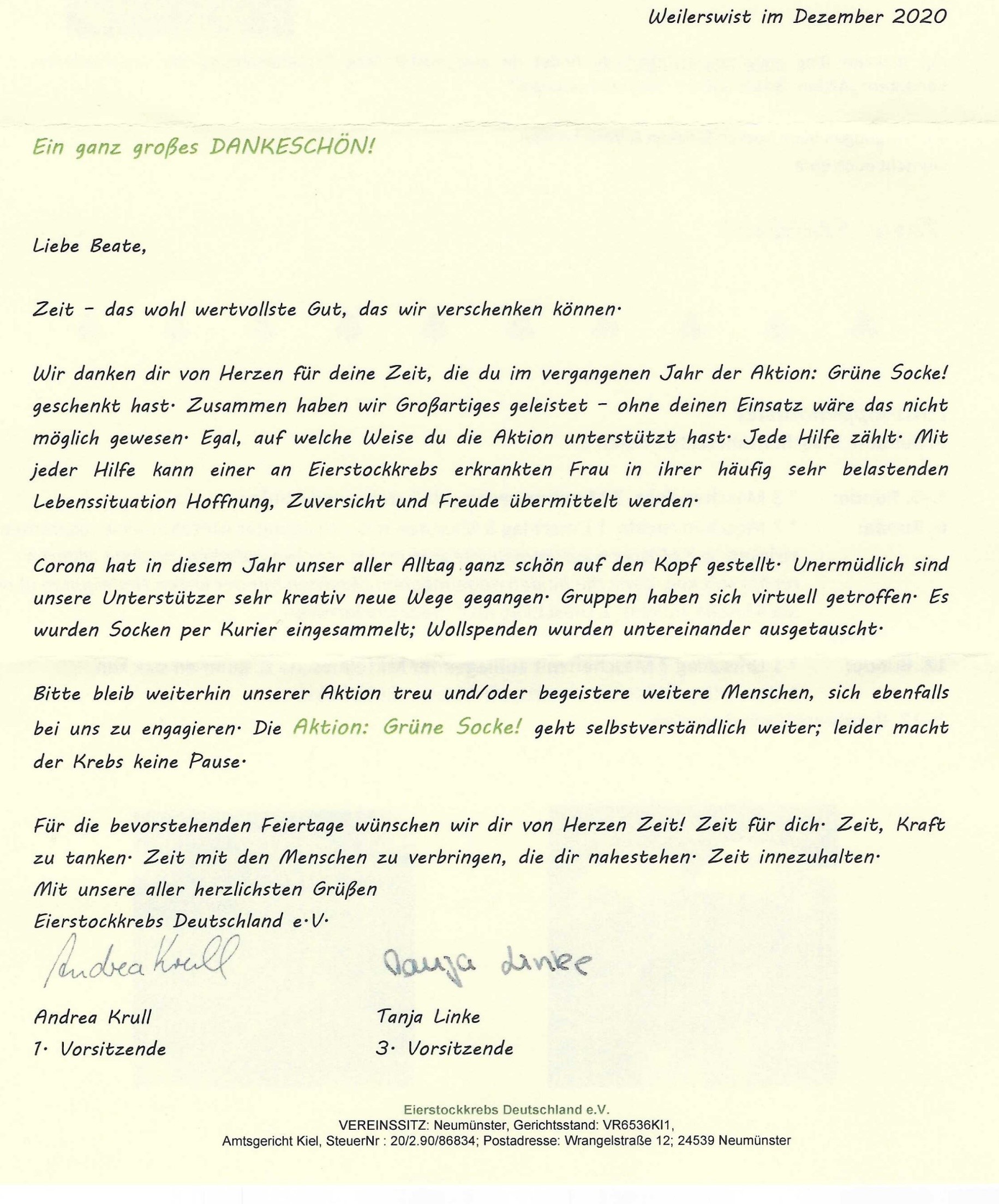 Dankesschreiben vom Eierstockkrebs-Deutschland e.V.